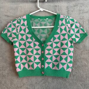 Bluenotes Pink Green Geometric Crop Cardigan Small Preppy Retro Y2K Dopamine